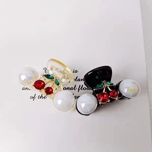 French vintage cherry hair claw clips with red crystals and pearls in yellow and black