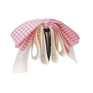 Barrette à nœud pied-de-poule rose avec rubans satin beige et pince banane noire