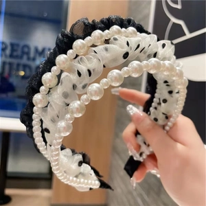 French Vintage Artificial Pearl Mesh Headband Women Elegant Polka Dot Ruffle Hair Hoop Retro Party Hairband Accessories