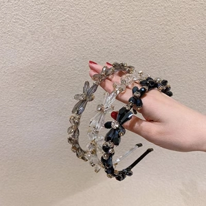 Three-piece set of elegant rhinestone headbands in gray, clear, and black bead design
