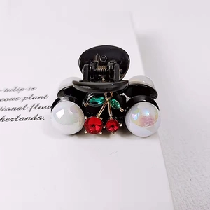French vintage cherry hair claw with large white pearls and crystal cherry pendant