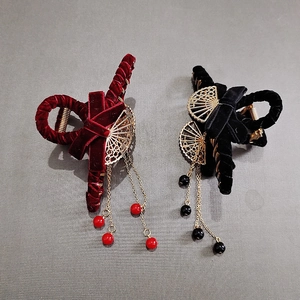 Pinza per Capelli con Fiocco in Raso Stile Cinese Retrò Pendente Ventaglio Nappina Elegante Fermaglio per Donna Gioielli