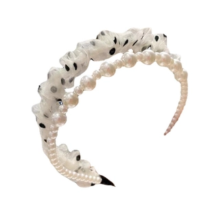 French vintage double-layered headband with elegant white pearls and polka dot mesh lace
