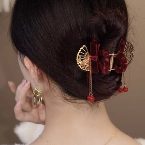 Pinza per capelli in stile cinese con fiocco in velluto rosso, ventaglio e nappe lunghe