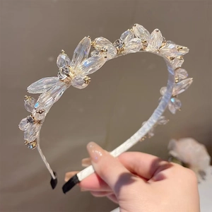Elegant rhinestone headband with clear crystal petals and gold finish for women
