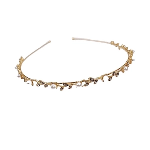 Elegant gold metal vine headband with white pearls and sparkling crystal rhinestones