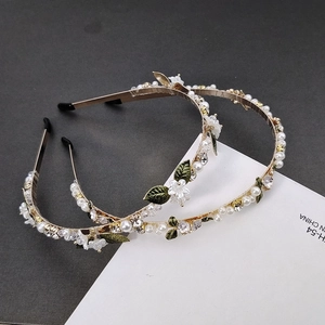 Elegant Korean Style Artificial Pearl Flower Leaf Headband For Women Gold Alloy Rhinestone Hair Hoop Wedding Party Hair Accessories