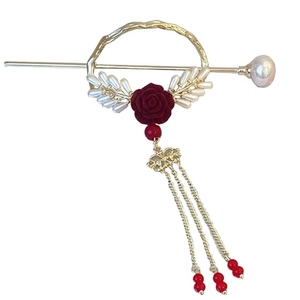 Classical gold hair pin with white pearls, a red rose, and elegant long tassels
