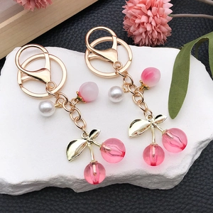 Korean Sweet Resin Fruit Cherry Strawberry Peach Artificial Pearl Keychain Gold Alloy Lobster Clasp Bag Charm Pendant Gift For Women