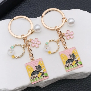 Mignon Porte-clés Carte de Tarot Chat Alliage de Zinc Émail Rose Fleur de Cerisier Cœur Porte-clés pour Femme Sac Décoration Cadeau