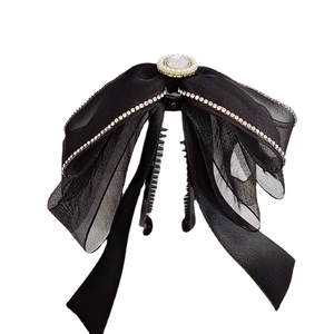Elegante fermaglio a banana con fiocco nero e strass con perle e design in organza a strati