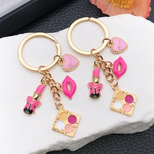 Alloy Enamel Makeup Keychain For Women KC Gold Plated Lipstick Lips Heart Eye Shadow Palette Bag Pendant Charm Jewelry Gift