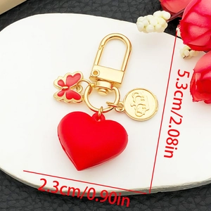 Resin red heart and butterfly keychain with golden crown coin charm for bags