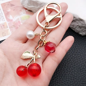 Creative cherry keychain with translucent red resin fruits and white pearl charm