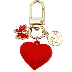 Red 3D heart and butterfly keychain with golden crown disc and spring carabiner