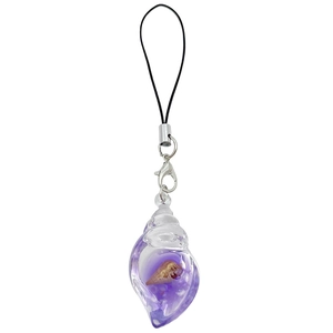 Translucent purple shell pendant keychain with silver lobster clasp on white background