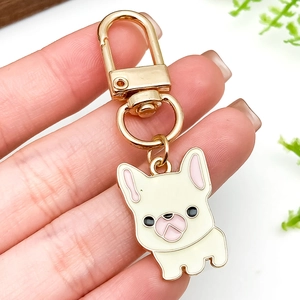 Cute cream French Bulldog charm keychain in polished gold zinc alloy for bags