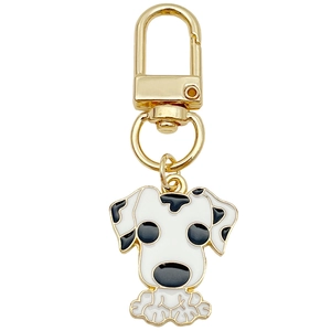 Porte-clés mignon chien dalmatien avec fermoir doré et pendentif chiot en émail noir blanc