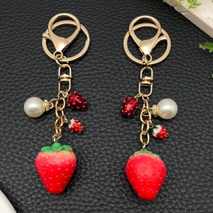 Simulation Strawberry Keychain Resin Fruit Pendant With Faux Artificial Pearl Rhinestone KC Gold Plated Alloy Bag Charm Gift Women
