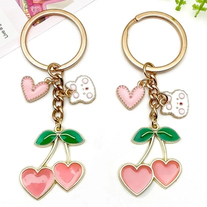 Cute Heart Cherry Strawberry Rabbit Keychain Zinc Alloy Enamel Fruit Pendant Bag Charm Fashion Jewelry Gift For Women Girls