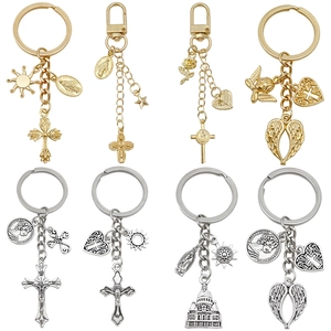 Religious alloy keychain set with golden cross, angel, and vintage coin charms