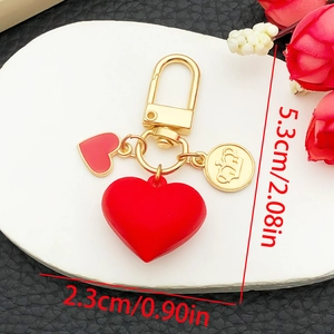 Sweet red resin 3D heart keychain with golden crown coin charm for bags and gifts