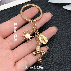 Golden sun and cross keychain with Virgin Mary medal for backpack and key accessories