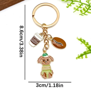 Golden keychain with coffee cup, bean, and brown poodle charm, length 8.6cm 3.38in