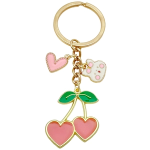 Golden keychain with pink heart-shaped cherries and cute cartoon bear pendant charms
