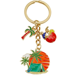Porte-clés camping plage avec cocotier orange et breloques de boisson en alliage doré