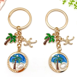 Porte-clés en Métal Thème Océan Été Étoile de Mer Cocotier Künstliche Perle Émail Breloques pour Sac Bijoux Décoration Cadeau
