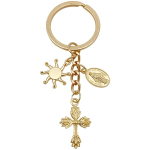 Golden sun and holy cross pendant keychain with a religious medal for backpacks