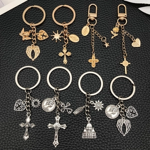Vintage Religious Zinc Alloy Keychain Cross Angel Wings Virgin Mary Pendant Gold Silver Metal Key Ring For Bag Backpack