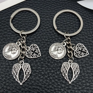 Vintage Zinc Alloy Cross Wing Heart Coin Keychain Religious Angel Pendant Backpack Charm For Men Women Jewelry Accessories