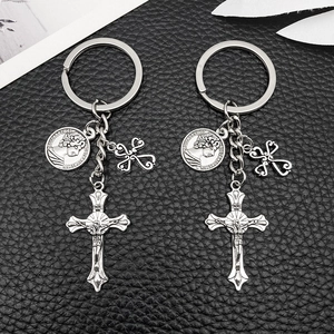 Porte-clés Religieux en Alliage de Zinc Vintage avec Croix et Pièce de Monnaie Pendentif Ange Cœur Soleil Or Argent Antique pour Sac Sac à Dos Bijoux Cadeau