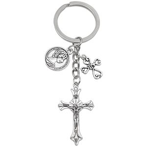 Porte-clés argent vintage avec croix évidée et pendentif pièce reine Elizabeth