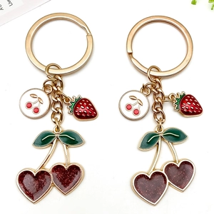 Cute Heart Cherry Strawberry Keychain Zinc Alloy Enamel Fruit Bag Charm Pendant For Women Girls Daily Accessory Gift