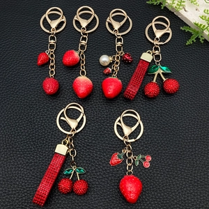 Cute Fruit Strawberry Cherry Resin Keychain For Women Bag Charm Rhinestone Artificial Pearl Zinc Alloy Key Ring Gift