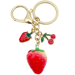 Resin strawberry and cherry keychain with gold metal ring and red fruit charms