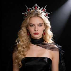 Couronne halo gothique avec gemmes rouges et boucles d'oreilles à pointes argentées