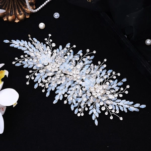 Luxurious bridal hair comb with light blue marquise beads and crystals on black velvet