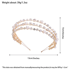Detail view of triple-layered pearl and rhinestone headband with dimensions information