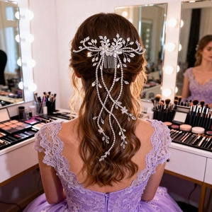 Peigne à cheveux mariée argenté, design feuilles, diamants brillants et longs glands cristal