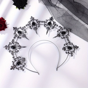 Couronne halo gothique avec filigrane en métal argenté sombre et gemmes noires