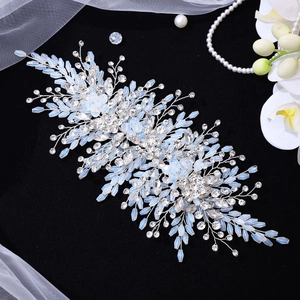 Elegant bridal vine headband with silver wire, blue opal leaves and sparkling rhinestones