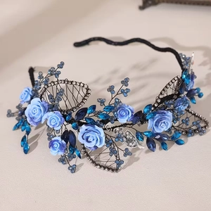 Vintage bridal headband with blue ceramic flowers, rhinestones and silver leaf details