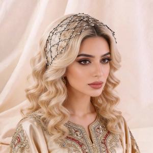 Dettaglio di un cerchietto da sposa fatto a mano con maglia di strass e perline