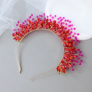 Luxurious handmade bridal crown headband with red crystals and gold wire for parties