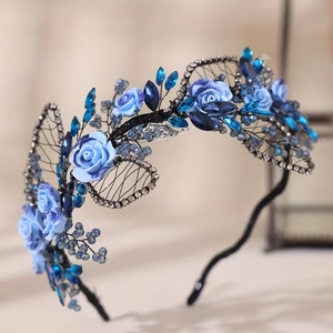 Vintage blue ceramic flower bridal headband with rhinestones for wedding accessories