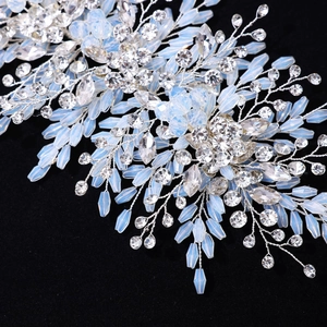Luxurious bridal hair vine with blue beads and crystals on a silver wire and black velvet